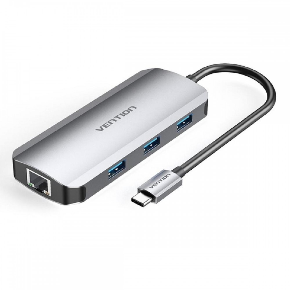 VENTION Type-C to HDMI/USB 3.0x3/RJ45/PD 100W Docking Station 0.15M Gray Aluminum Alloy Type (TOHHB) (VENTOHHB)