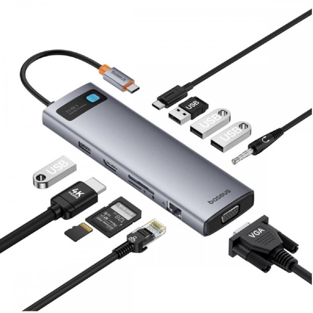 Baseus Hub 11in1  StarJoy Metal Glam Series USB-C to HDMI +VGA + 3 x USB 3.0 + USB 2.0+USB-C PD + RJ45 + SD/TF +35mm (B00030709811-00) (BASB00030709811-00)