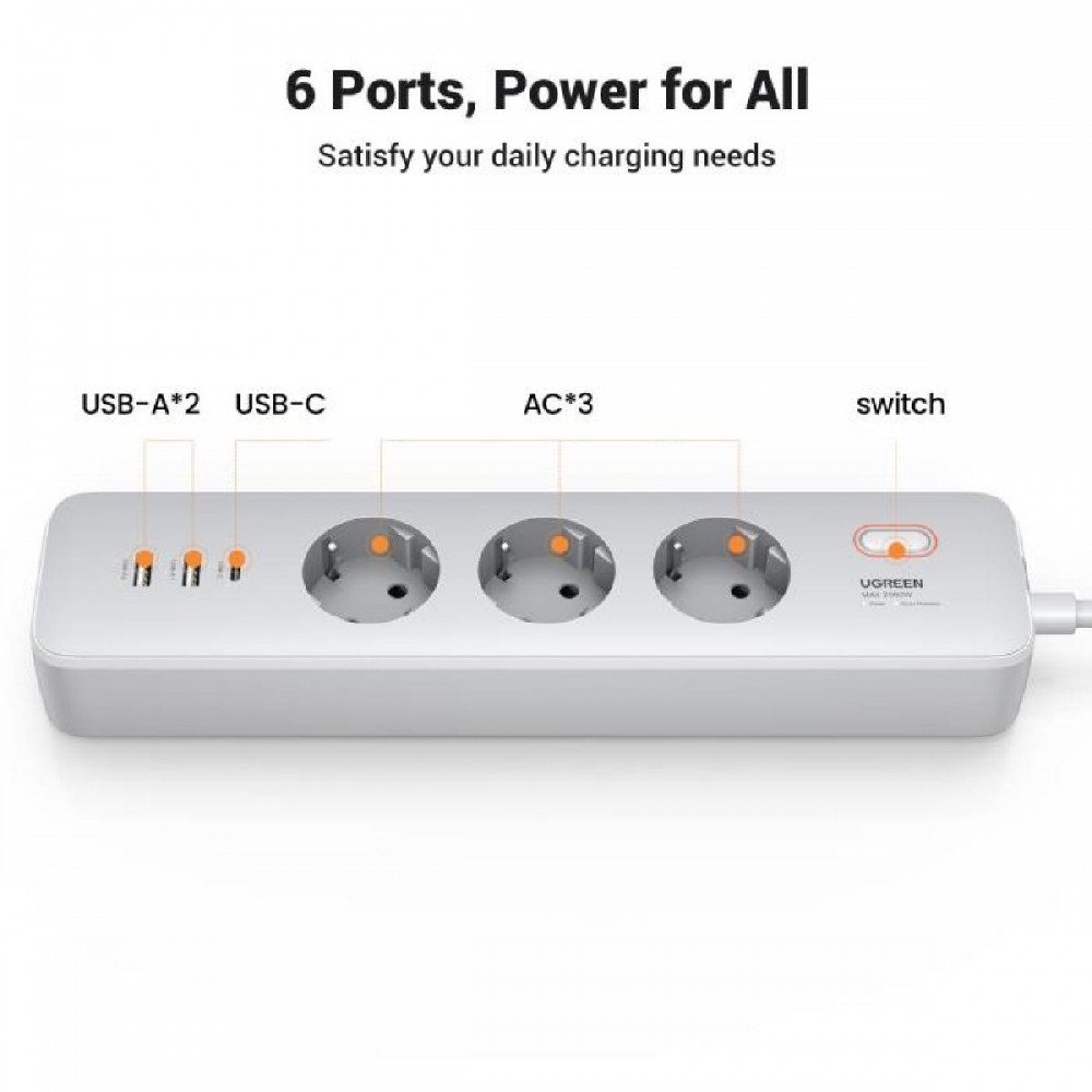 Protection Socket 3xSchuko PDx1+USBx2 UGREEN CD286 25357 2m